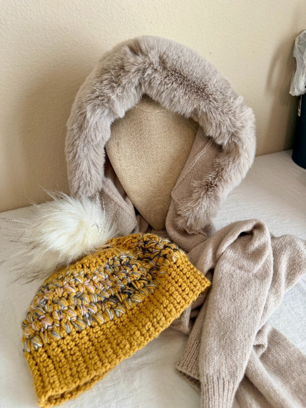 Bundle 2 In 1 Faux Fur Hooded Scarf Hat Set Plus Pom Beanie Fuzzy Warm Winter